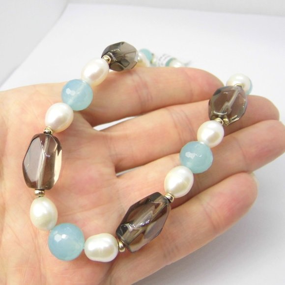 14KY Chalcedony Pearl Smoky Quartz Gold NECKLACE - Picture 9 of 11